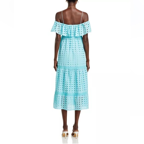 T Tahari Eyelet Midi Dress Blue Off-Shoulder Smocked Bodice Tiered NWT Sz XS - Picture 11 of 15